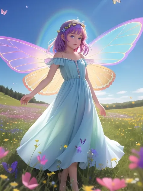 A delicate fairy princess in a magical meadow, dressed in a flowing dress with iridescent wings. Her hair is adorned with tiny flowers and sparkles. She flits among the wildflowers and butterflies, with a rainbow in the sky.