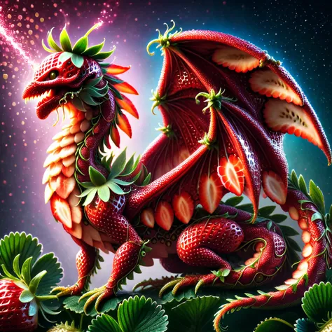 Strawberry, macro photo, sparkling magical strawberry dragon, very detailed, amazing quality, intricate, cinematic light, highly detailed, beautiful, surreal, dramatic.