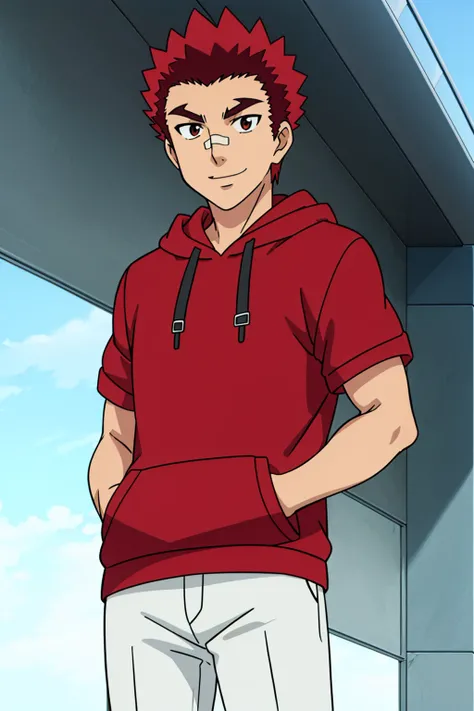 kineshi_hairo ,1boy,solo,male focus,short hair,red hair,spiked hair,thick eyebrows,brown eyes,bandaid on nose,blue hoodie,white pants,hands in pockets,
smile,,looking at viewer,masterpiece,best quality