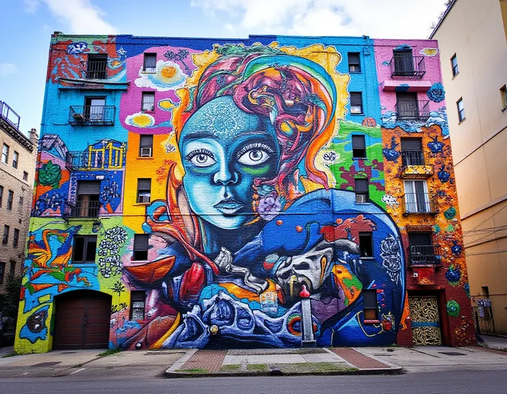 <lora:Graffiti_flux:1>,streetart graffiti of a beautiful painting spread across multiple buildings,