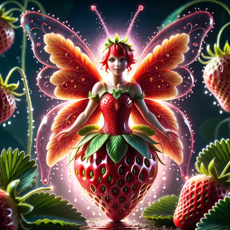 Strawberry, macro photo, sparkling magical strawberry fairy, very detailed, amazing quality, intricate, cinematic light, highly detailed, beautiful, surreal, dramatic.