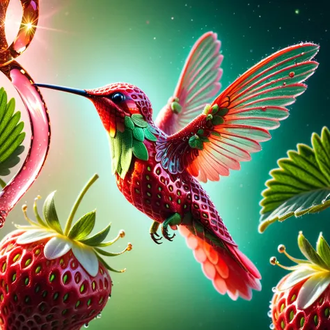 strawberry, macro photo, sparkling magical strawberry hummingbird, very detailed, amazing quality, intricate, cinematic light, highly detail, beautiful, surreal, dramatic