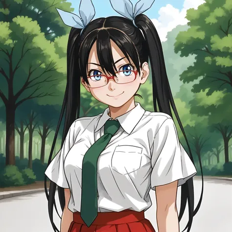 <lora:FB_DisciplineCommitteeOdaXLpony006>,
outdoors,nature,
smile,
solo,
DisciplineCommitteeOda,1girl,black hair,long hair,twintails,hair ribbon,blue eyes,eyewear,
collared_shirt,short_sleeves,necktie,
red skirt,
upper body,
standing,