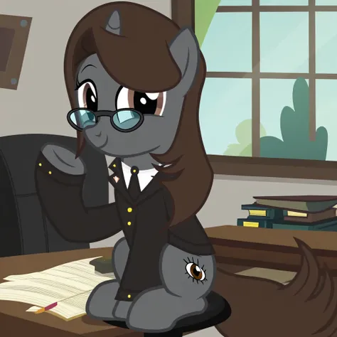 masterpiece, best quality, perfect detail, score_9, score_8_up, score_7_up, rating_safe, 1girl, oc:sonata, pony, G4, female, show accurate, office, sitting, sitting at desk, sitting in office chair, books, attorney suit, badge on collar, 1/4 view, glasses,...