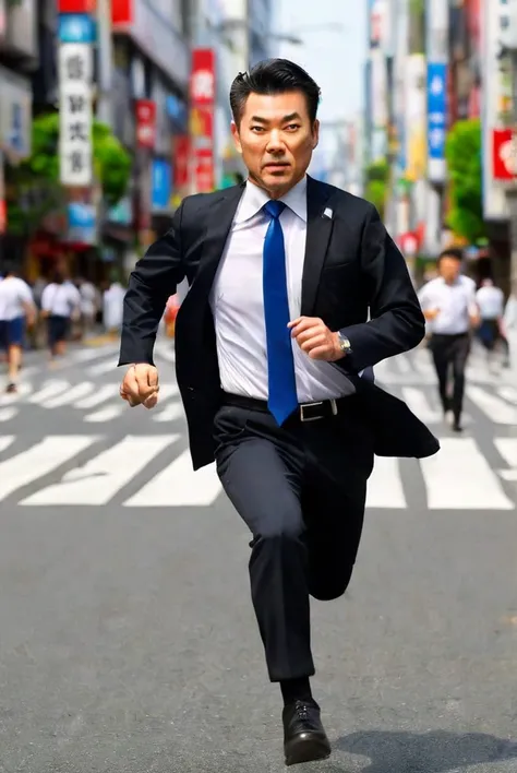 <lyco:Izumi_Kenta:1.0>, highly detailed professional 8k raw photography, best hyperrealistic quality backgrounds, volumetric real-time lighting and shadows, middle aged man, asian, black hair, wearing  black suit and blue tie, white shirts under the black ...