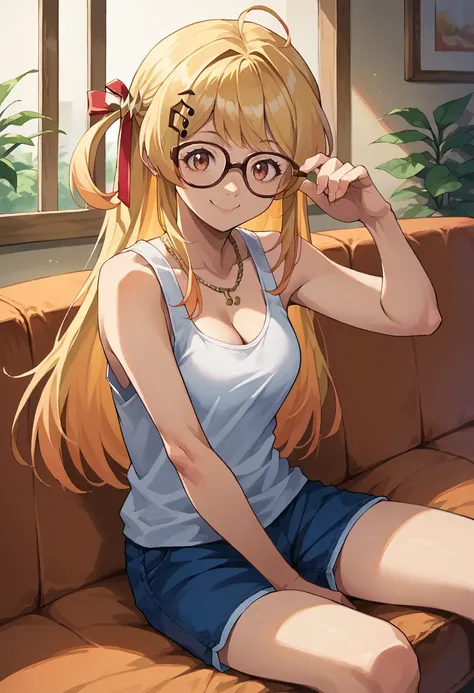 score_9, score_8_up, source_anime, 1girl, solo, OtonoseKanade, long hair, one side up, hair ribbon, musical note hair ornament, glasses, tank top, cleavage, necklace, sleeveless, shorts, smile, indoors, sitting, on couch, <lora:ChamOtonoseKanadePonyXL:1>