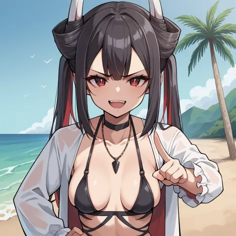 score_9_up, score_8_up, score_7_up, source_anime, masterpiece, best quality, 1girl, solo, Hatsuzuki, Hz_Swimsuit, sun light, palm trees, standing, hand on hip, pointing index finger at you, smug smile, open mouth, long hair, black hair, red eyes, red hair,...