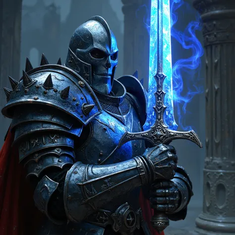 highly detailed and hyper realistic, a close up of a Death Knight holding a giant glowing sword, concept art, fantasy art, Lich King, splash screen art, cyborg necromancer, epic full color illustration, in dark souls manner, fallen knight, wraith, overlord...