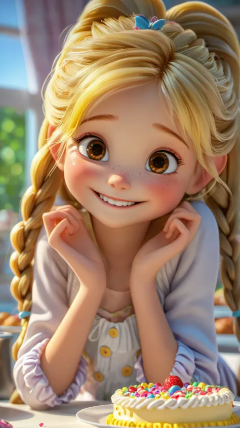 Dream style,freckles,solo,food,looking at viewer,smile,cake,blurry,brown eyes,braid,long hair,
A cheerful animated girl with blonde hair,large expressive eyes,and rosy cheeks is leaning on her chin,gazing at a plate of food with a content expression.,
high...