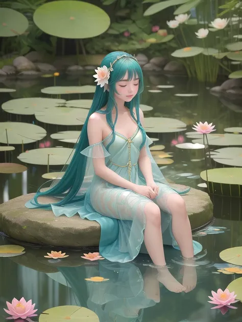 A serene water nymph in a tranquil pond, dressed in a gown made of water lilies and reeds. Her hair flows like a river, and she has delicate, translucent fins. She sits on a rock by the waters edge, surrounded by koi fish and lotus flowers.