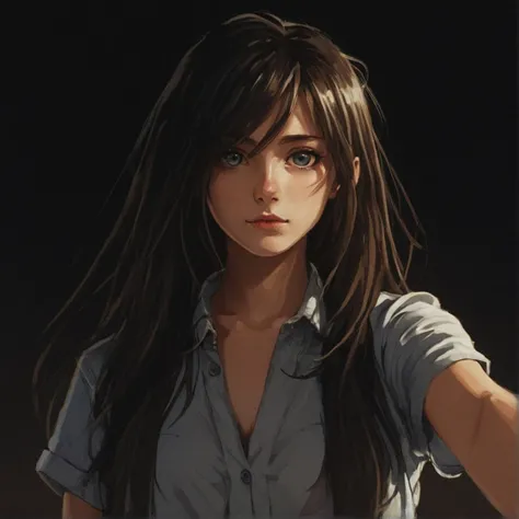 ((anime style)), upper body, solo, looking at viewer, long hair, 1girl, wearing a shirt,