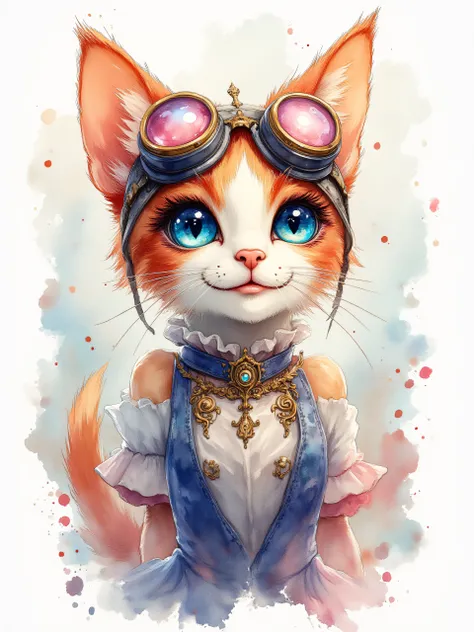 ArsMJStyle, watercolor intense colors painting in Steampunk Rococo style , Cute little female cat with dress and goggles on the head, big eyes and warm smile