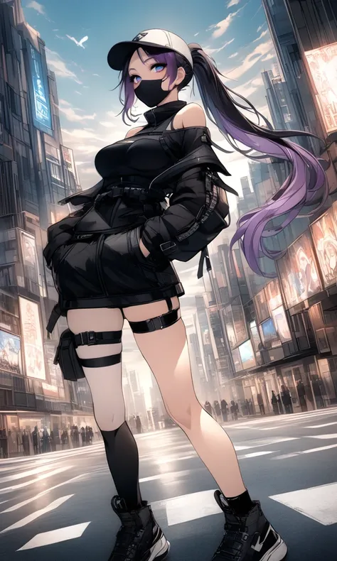 solo, 1girl, floating hair, (((techwear, clothing cutout, medium breasts,sneakers, bare shoulders, off-shoulder jacket, single thighhigh, thigh strap, baseball cap,   ))),  close-up, feathers, fantasy,  outdoors,scenery, cityscape, blue eyes, city, street,...