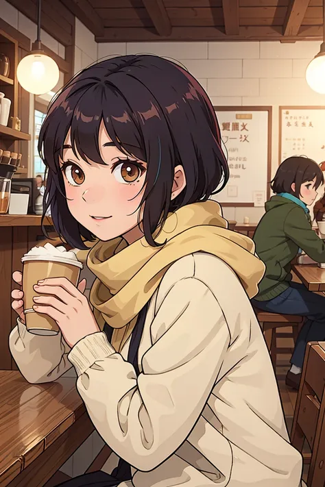 A three-quarter view of an anime high school girl in a cozy café, wearing a casual outfit with a scarf. Her hair is short and cute, and she holds a cup of coffee, looking at a friend.