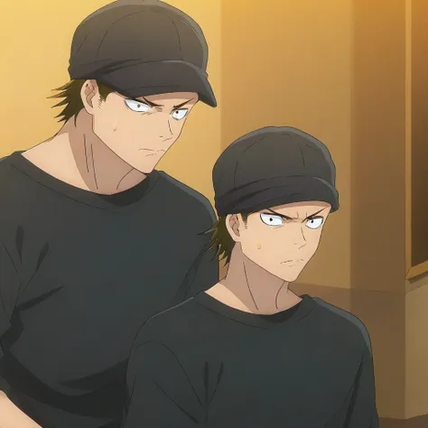 1boy, black shirt, male focus, full body, hat, anime coloring, sweatdrop, closed mouth, gradient, shirt