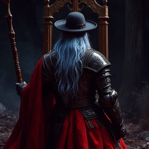 beard, blue hair, hat, dress, stick, from behind, rider-waite, throne, red skirt, night, armor