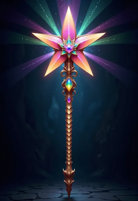 a star wand, game item, scaled gilded handle, jets of multicolor lights emit from the top with a glowing rainbow jeweled handle
