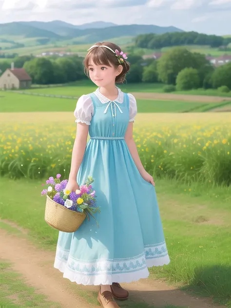 A charming village girl in a quaint countryside, wearing a simple dress with floral patterns. Her hair is tied with a ribbon, and she carries a basket of fresh flowers. She stands by a rustic fence, with a charming village and fields in the background.