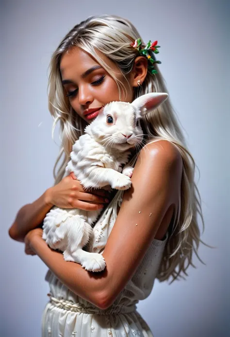 arafed woman in a white dress holding a white lamb