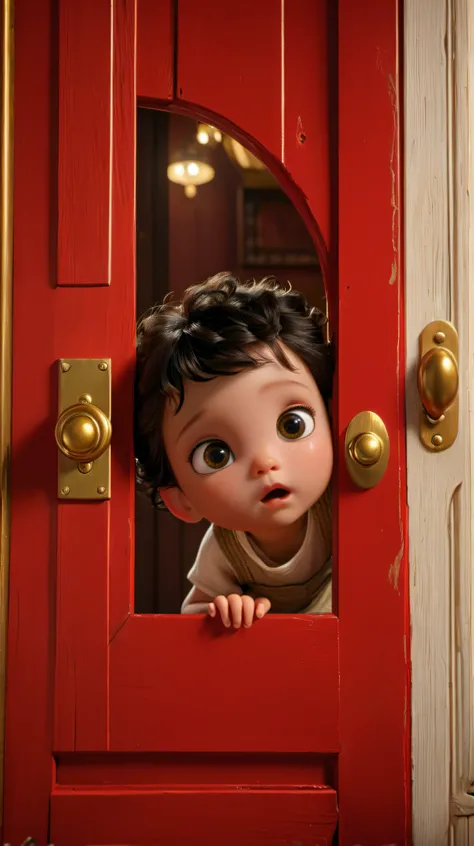 Dream style, peeking out, solo, black hair,
A curious child with large, expressive eyes peeks out from behind a red door, with a golden knob on the door.
highly detailed,ultra-high resolutions,32K UHD,best quality,masterpiece,<lora:Dream style:0.9>,