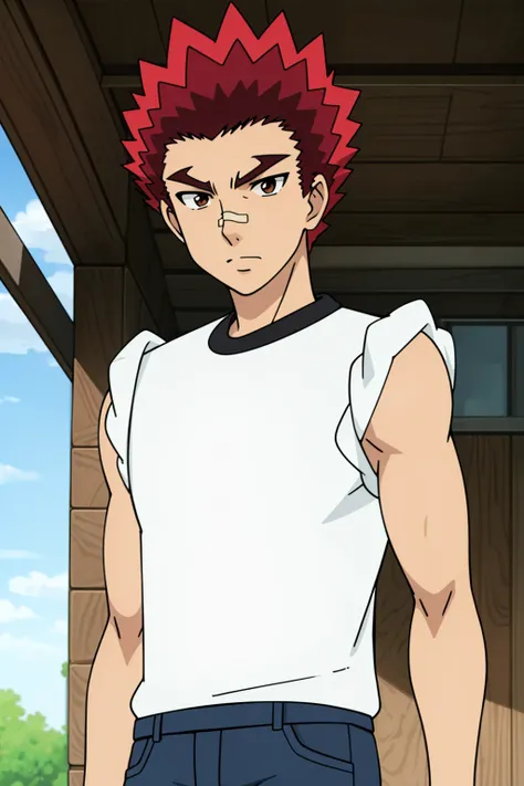 kineshi_hairo ,1boy,solo,male focus,short hair,red hair,spiked hair,thick eyebrows,brown eyes,bandaid on nose,white shirt,blue pants,looking at viewer,masterpiece,best quality