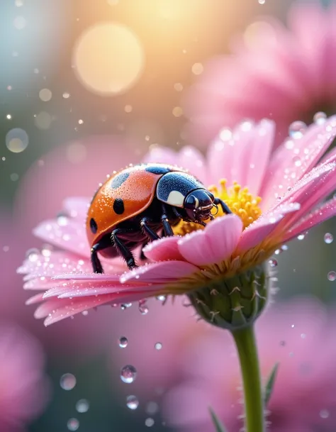 Masterpiece,32k,8k,dynamic,(ultra high res:1.4),(masterpiece:1.4),(beautiful lighting:1.4) A ladybug on a flower,macro photography,with a bokeh effect and water drops,against a fantasy background. Pastel colors create a beautiful nature scene in this digit...