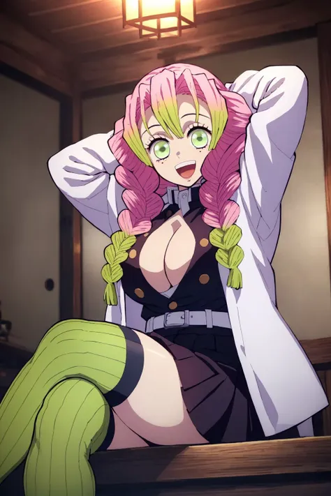 MitsuriKanroji, 1girl, solo, looking at viewer, from below, cowboy shot, black shirt, buttons, cleavage cutout, black miniskirt, white jacket, lime thighhighs, indoors, day, smile, open mouth, huge thighs, ((sitting, crossed legs)), hands above head, fores...