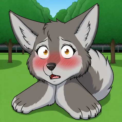 1 girl, goombafied, furry wolf, blushed, outdoors, park, grass