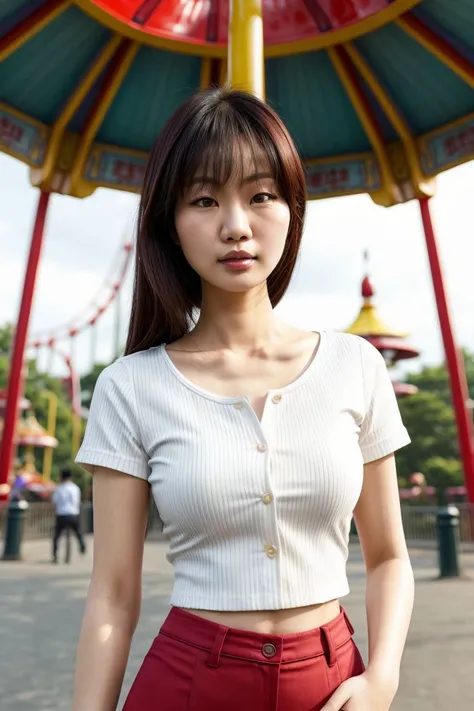 Asian woman, closeup, (shirt), pants, (amusement park), (), (), KM_destiny, wide shoulders, perfect face, (contact iris: 1.1), pale skin, skin pores , depth of field