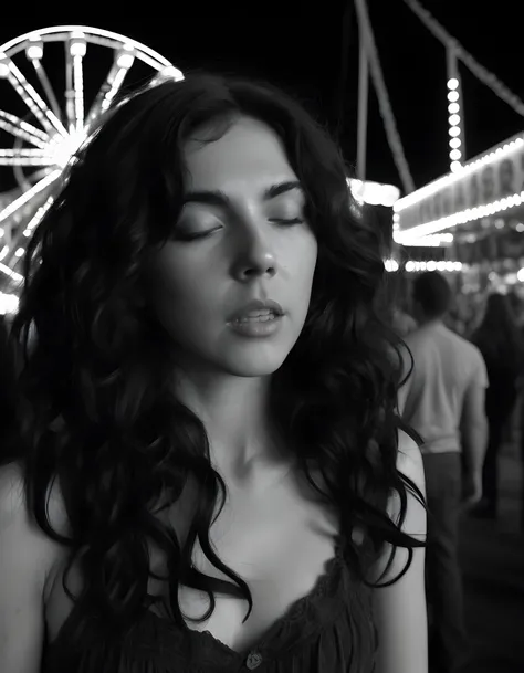 A high-contrast black and white photograph captures IN4Y4H, a woman with raven-black hair cascading down her shoulders in loose waves, standing alone against the backdrop of a dimly lit, abandoned carnival. Her gaze is fixed intently on the viewer, her lip...