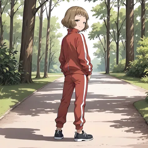 <lora:MMNN_YukiHimemiyaXLpony001>,
outdoors,nature,
solo,
half-closed eyes,smile,
YukiHimemiya,1girl,brown hair,bob_cut,brown eyes,
track jacket,red jacket,
red pants,
full body,standing,looking back,