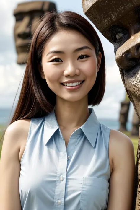 Asian woman, closeup, (shirt), pants, (Easter Island Moai), (), smiling , KM_charlene, wide shoulders, perfect face, (contact iris: 1.1), pale skin, skin pores , depth of field