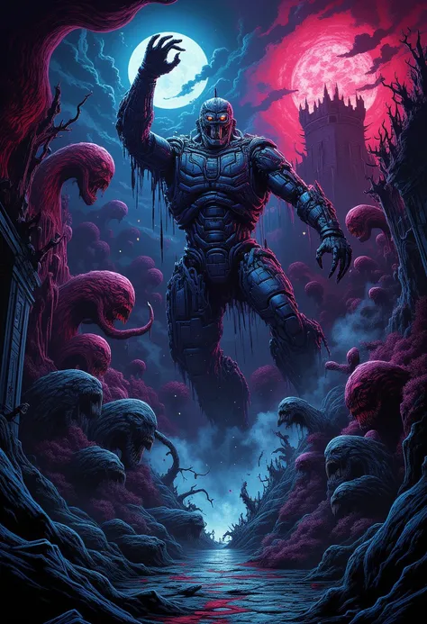 Midnight Cyberpunk Robots Fight Vampires, Cthulhu Background, Wilderness Castle,style of Dan Mumford