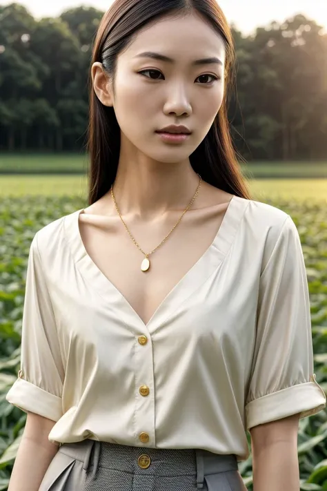 Asian woman, closeup, (shirt), pants, (farmers field), gold necklace , (), KM_isabel, wide shoulders, perfect face, (contact iris: 1.1), pale skin, skin pores , depth of field