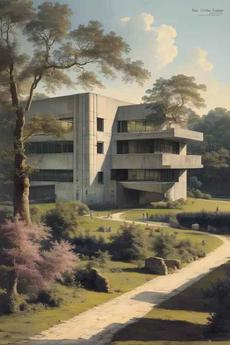 masterpiece,best quality,<lora:tbh413-:0.8>,illustration,design by Humphry Repton, Brutalist concrete university campus with geometric shapes and exposed materials