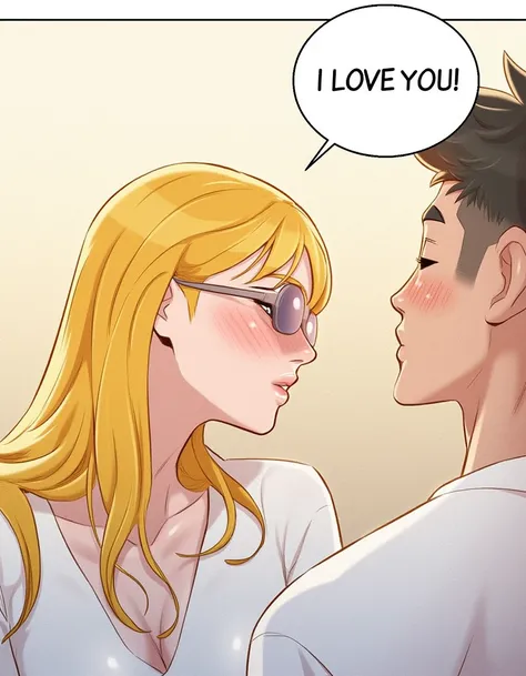 from side a woman with blonde hair and sun glasses is talking to a man with speech bubble saying:"I love you!"<lora:webtoon_flux-v0.80_000075500:0.8>