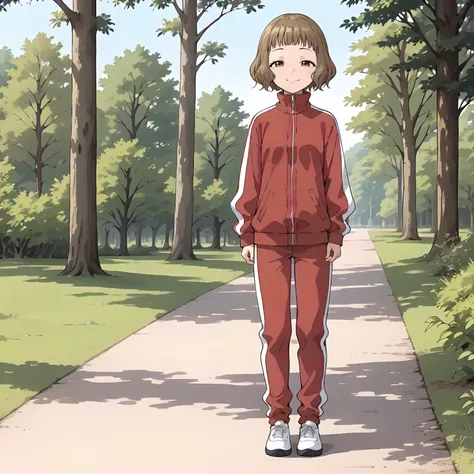 <lora:MMNN_YukiHimemiyaXLpony001>,
outdoors,nature,
solo,
half-closed eyes,smile,
YukiHimemiya,1girl,brown hair,bob_cut,brown eyes,
track jacket,red jacket,
red pants,
full body,standing,