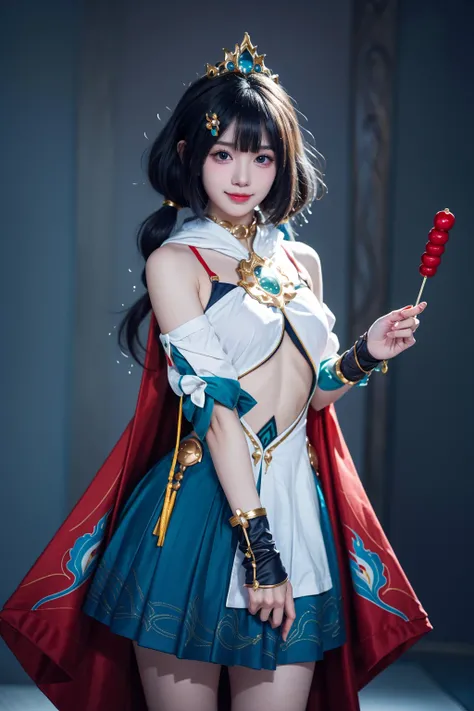 realistic,photorealistic,best quality,masterpiece,highres,8k,RAW photo,ultra-detailed,1girl,solo,looking at viewer,cowboy shot,standing,smile,holding dango,dango,skewer,yunli cosplay costume,cosplay,blue hair,long hair,low twintails,chinese clothes,dress,c...