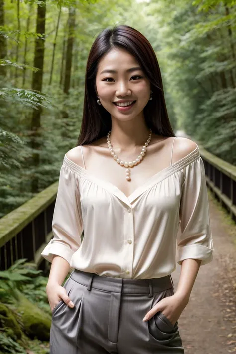 Asian woman, closeup, (shirt), pants, (bridge in the woods), pearl necklace , smiling , KM_charlene, wide shoulders, perfect face, (contact iris: 1.1), pale skin, skin pores , depth of field