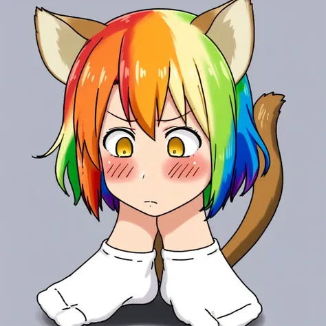 1 girl, goombafied, yellow eyes, blushed, rainbow hair, twin tail hairstyle, no background, looking down, anime style, white socks