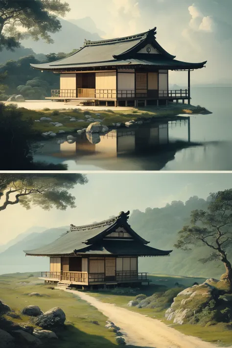 masterpiece,best quality,<lora:tbh413-:0.8>,illustration,design by Humphry Repton, Minimalist Japanese-inspired tea house by the sea, evoking the style of Tadao Ando