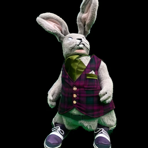 left arm out, looking away from the camera to his left, facing the camera, looking happy, wearing a dark mauve waistcoat with a green satin back, a triangular shaped white handkerchief sticking out of his right breast-pocket, right hand side view, rabbit t...