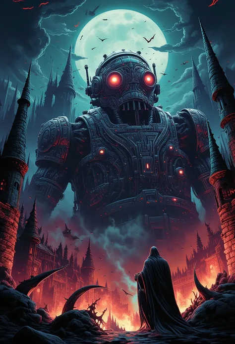 Midnight Cyberpunk Robots Fight Vampires, Cthulhu Background, Wilderness Castle,style of Dan Mumford