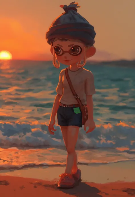 an inkling girl walking on the beach, casual clothes, sunset