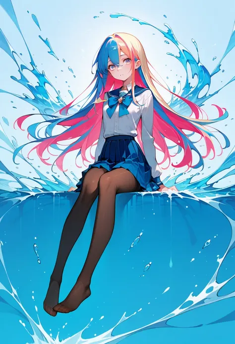 score_9, score_8_up, score_7_up, score_6_up, source_anime, masterpiece, newest,
Highly detailed, 1girl, skinny, slender, innocent, sitting, arms at sides, long hair, pantyhose, no shoes, colorful hair, multicolored hair, pleated skirt, paint splashes