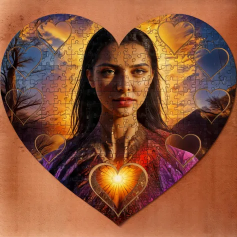 Highly detailed. 

Jigsaw hearts.

Heart-shaped.

A beautiful mystical woman, glittering, ethereal, alluring.

BREAK
(A background of sunset desert:1.9).

<lora:JigsawHearts01-00_CE_SDXL_128OT:0.75>