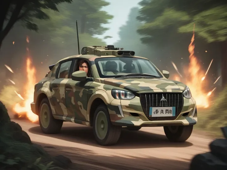 (((Lara Croft))) in front of the car, 1girl,score_9,score_8_up,score_7_up,208, military car, military 208, outside, palmers, war, explosions, camouflage, in forest, military colors, anime, manga, motion blur, speed sensations, detailed background, fast, ju...