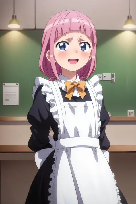 Makeru Yadano, 4k, absurd, high resolution, ultra high resolution, high definition, masterpiece, illustration, 2d, anime style, 1 girl, alone, long hair, open mouth, dress, bun, pink hair, apron, maid, arms in v, white apron, maid apron, maid, looking at v...