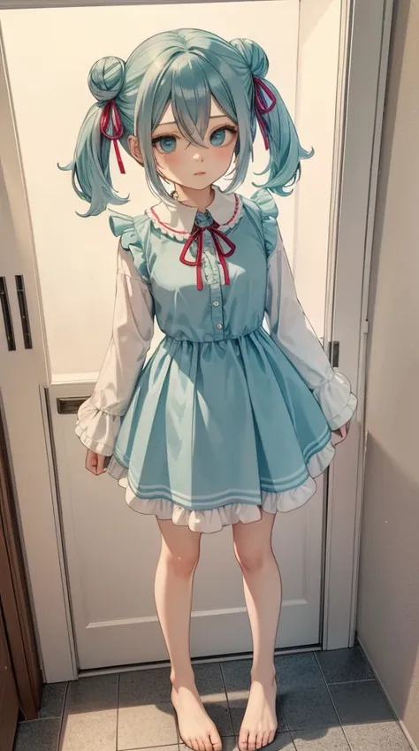 (masterpiece, best quality),ray tracing,absurdres, HDR,hatsune miku, aino, 1girl, solo, ribbon, hair ribbon, hair between eyes, looking at viewer, red ribbon, frills, blue eyes, bangs, hair bun, full body,, double bun, twintails, traditional media,, aqua e...