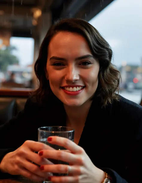 a raw high resolution sharp photo of daisyrdl,higly detailed skin, her hair is wavy and medium length,she is wearing a black jacket,the photo is a close-up,she is sitting in a restaurant,the sky is cloudy and its raining,she is holding a glas in her hands ...